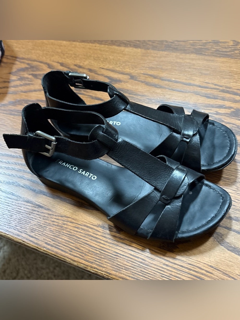 Franco Sarto Black Leather T-Strap Sandals